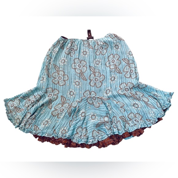 Multiples Y2K Blue Brown Playful Floral Dot Asymmetrical Reversible Ruffle Skirt - Picture 3 of 7